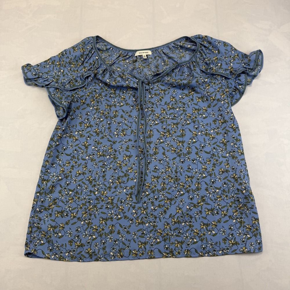 Max Studio Womens Light Blue Floral Flutter Sleeve Peasant Blouse Size S